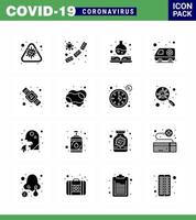 16 Solid Glyph Black Coronavirus Epidemie Icon Pack saugt als Handhygiene Krankenhaus Virus Auto Medizin Buch virales Coronavirus 2019nov Krankheitsvektor Designelemente vektor