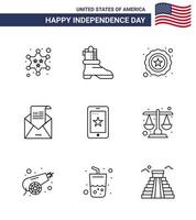 packa av 9 USA oberoende dag firande rader tecken och 4:e juli symboler sådan som cell mobil stjärna post hälsning redigerbar USA dag vektor design element