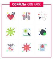 Coronavirus-Bewusstseinssymbol 9 flache Farbsymbole Symbol enthalten Bakterienkrankheit Organverbreitung Stethoskop virales Coronavirus 2019nov Krankheitsvektor-Designelemente vektor