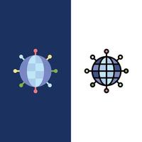 Geschäftsverbindungen globale moderne Symbole flach und Linie gefüllt Icon Set Vektor blauen Hintergrund