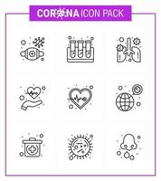 9-zeiliges Coronavirus-Epidemie-Icon-Pack saugen als Pulse Gesundheit Anatomie Pflege Lungenentzündung virales Coronavirus 2019nov Krankheitsvektor-Designelemente vektor