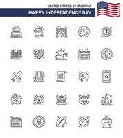 Packung mit 25 Usa-Unabhängigkeitstag-Feierlinien Zeichen und 4. Juli-Symbolen wie Dollar Usa Door Maony American Editable Usa Day Vector Design Elements