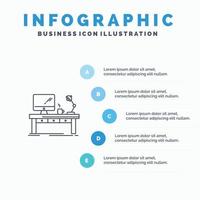 arbetsplats företag dator skrivbord lampa kontor tabell linje ikon med 5 steg presentation infographics bakgrund vektor
