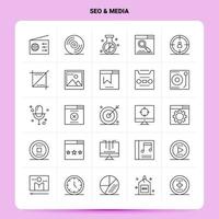 Umriss 25 SEO Media Icon Set Vektor Linienstil Design schwarze Icons Set lineares Piktogrammpaket Web und mobile Geschäftsideen entwerfen Vektorillustration