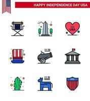 Lycklig oberoende dag 4:e juli uppsättning av 9 platt fylld rader amerikan pictograph av USA hatt USA dag amerikan redigerbar USA dag vektor design element