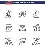 Stock Vector Icon Pack von American Day 9 Line Zeichen und Symbolen für Sport Hokey Achievement Usa Drink editierbare Usa Day Vektor Design Elemente