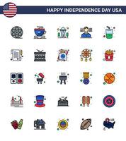 Happy Independence Day Pack mit 25 flach gefüllten Linien Zeichen und Symbole für Cola-Getränk Wahrzeichen Glas amerikanische editierbare usa-Tag-Vektor-Design-Elemente