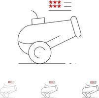 Big Gun Cannon Howitzer Mörser Fett und dünne schwarze Linie Symbolsatz vektor