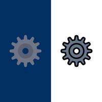 Getriebe Einstellrad Symbole flach und Linie gefüllt Icon Set Vektor blauen Hintergrund