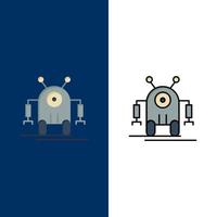 Mensch Roboter Roboter Technologie Symbole flach und Linie gefüllt Icon Set Vektor blauen Hintergrund