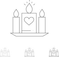 Kerze Liebe Herz Hochzeit Fett und dünne schwarze Linie Symbolsatz vektor
