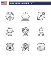 Usa Happy Independence Day Piktogrammsatz aus 9 einfachen Linien von Frise Drink Thanksgiving Cola Usa editierbare Usa Day Vektordesign-Elemente vektor