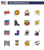 4. juli usa glücklicher unabhängigkeitstag symbol symbole gruppe von 16 modernen flach gefüllten linien von abzeichen passen kuchen feuer danksagung editierbare usa tag vektor design elemente