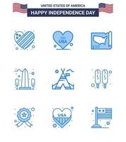 Packung mit 9 Usa-Unabhängigkeitstag-Feier-Blues-Zeichen und 4. Juli-Symbolen wie Zelt kostenlos Usa-Karte Sehenswürdigkeit Wahrzeichen editierbare Usa-Tag-Vektordesign-Elemente vektor