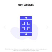 Unsere Dienstleistungen Mobile Cell Box Solid Glyph Icon Web Card Template vektor