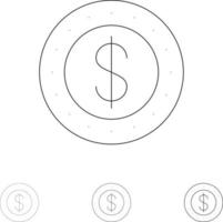 Dollarmünze Bargeld fett und dünne schwarze Linie Symbolsatz vektor