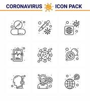 Coronavirus 9-Zeilensymbol zum Thema Corona-Epidemie enthält Symbole wie Corona-Krankheitsvirus-Krankenhausdiagramm infiziertes virales Coronavirus 2019nov-Krankheitsvektor-Designelemente vektor