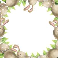 vattenfärg hand dragen påsk firande ClipArt. cirkel krans med ägg, kaniner, bågar och vår löv. isolerat på vit bakgrund. design för inbjudningar, gåvor, hälsning kort, skriva ut, textil- vektor