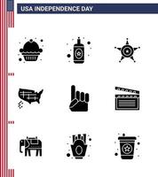 Solide Glyphenpackung mit 9 Usa-Unabhängigkeitstag-Symbolen der amerikanischen Hand Star Foam Hand United editierbare Usa-Tag-Vektordesign-Elemente vektor