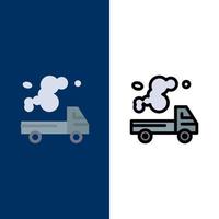 bil lastbil utsläpp gas förorening ikoner platt och linje fylld ikon uppsättning vektor blå bakgrund