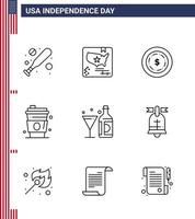 Packung mit 9 kreativen Usa-Unabhängigkeitstag-bezogenen Linien von Flaschenwein-Dollar-Getränksaft editierbaren Usa-Tag-Vektordesign-Elementen vektor