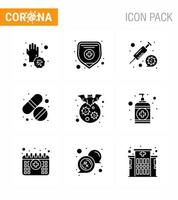 Corona-Virus-Krankheit 9 solides Glyphen-Schwarz-Icon-Pack saugt als Trägerpflege Coronavirus-Tablette Medizin Virus-Coronavirus 2019nov-Krankheitsvektor-Designelemente vektor