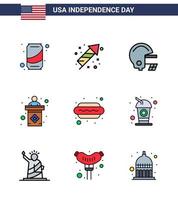 Lycklig oberoende dag 4:e juli uppsättning av 9 platt fylld rader amerikan pictograph av mat varm hund amerikan tecken val redigerbar USA dag vektor design element