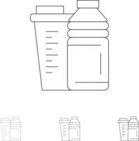 Flaschengetränk Energy Shaker Sport Fett und dünne schwarze Linie Symbolsatz vektor