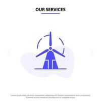 unsere dienstleistungen saubere energie grüne energie windmühle solide glyph icon web card template vektor