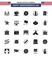 Usa Happy Independence DayPiktogrammsatz von 25 einfachen soliden Glyphen des Maschinen-Washington-Abzeichens Usa-Denkmal editierbare Usa-Tag-Vektordesign-Elemente vektor