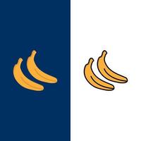 Bananen-Lebensmittel-Obst-Symbole flach und Linie gefüllt Icon Set Vektor blauen Hintergrund