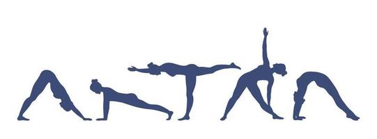 uppsättning av yoga poserar. ung kvinnor do yoga övningar. friska livsstil med yoga asanas. vektor illustration.