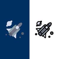 Fliegen Sie Rakete Wissenschaft Symbole flach und Linie gefüllt Icon Set Vektor blauen Hintergrund