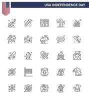 25 USA linje packa av oberoende dag tecken och symboler av trumma amerikan bok plent kaktus redigerbar USA dag vektor design element