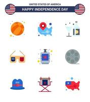 Happy Independence Day 9 Flats Icon Pack für Web und Print USA-Brille Standort Pin Sonnenbrille Flasche editierbare USA-Tag-Vektor-Design-Elemente vektor