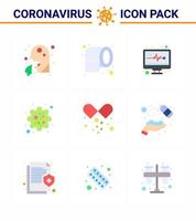 Corona-Virus-Krankheit 9 flaches Farbsymbolpaket saugt als medizinische Pillen-Virus-Sicherheits-Patogen-Infektion Virus-Coronavirus 2019nov-Krankheitsvektor-Designelemente vektor