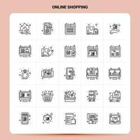 Umriss 25 Online-Shopping-Icon-Set Vektor-Linienstil-Design schwarze Symbole setzen lineares Piktogramm-Paket Web und mobile Geschäftsideen entwerfen Vektor-Illustration vektor