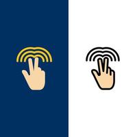 doppelte Gesten Hand Tab Symbole flach und Linie gefüllt Symbolsatz Vektor blauen Hintergrund