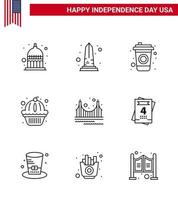 4:e juli USA Lycklig oberoende dag ikon symboler grupp av 9 modern rader av Port kaka Washington stater amerikan redigerbar USA dag vektor design element