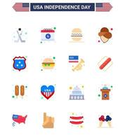 Packung mit 16 kreativen USA-Unabhängigkeitstag-bezogenen Wohnungen des Schildes American Burger Hat USA editierbare USA-Tag-Vektordesign-Elemente vektor