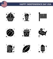 editierbares Vektorlinienpaket von Usa-Tag 9 einfache solide Glyphen von Lebensmitteln Usa-Flagge Fußball Amerikaner editierbare Usa-Tag-Vektor-Designelemente vektor