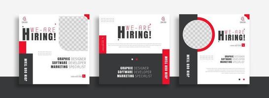 Wir stellen eine Designvorlage für Stellenangebote in sozialen Medien für Postbanner mit roter und weißer Farbe ein. Wir stellen ein quadratisches Web-Banner-Design für Stellenangebote ein. vektor