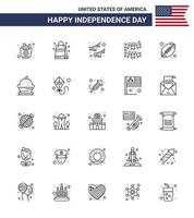 Usa Happy Independence Day Piktogrammsatz aus 25 einfachen Linien Kuchen Sport American Rugby Girlande editierbare Usa Day Vektordesign-Elemente vektor