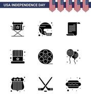 Stock Vektor Icon Pack von American Day 9 Zeilenzeichen und Symbolen für Hut American Sport Usa Text editierbare Usa Day Vektor Design Elemente