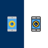 anwendung mobile mobile anwendung zeit symbole flach und linie gefüllt icon set vektor blauen hintergrund