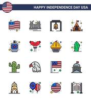 glücklicher unabhängigkeitstag usa packung mit 16 kreativen flach gefüllten linien von getränkezelt usa camping kirchenglocke editierbare usa tag vektor design elemente