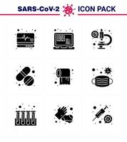 Coronavirus-Bewusstseinssymbol 9 solide Glyphe schwarze Symbole Symbol enthalten Rollenpflege Coronavirus Tablette Medizin virales Coronavirus 2019nov Krankheitsvektor Designelemente vektor
