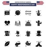 16 usa Solid Glyph Pack of Independence Day Zeichen und Symbole der American Heart Festival Topfblume editierbare usa Day Vektordesign-Elemente vektor