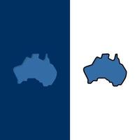 australier Land plats Karta resa ikoner platt och linje fylld ikon uppsättning vektor blå bakgrund