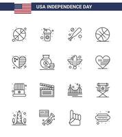 glücklicher unabhängigkeitstag 16 zeilen symbolpaket für web und druck flaggenherz baseball usa ball editierbare usa tag vektor design elemente